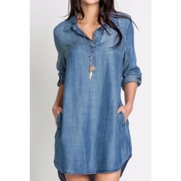 Velvet Heart M Denim Blue Tencel, Split Collar L/S Welt Pockets Tunic/Dress - Picture 1 of 10